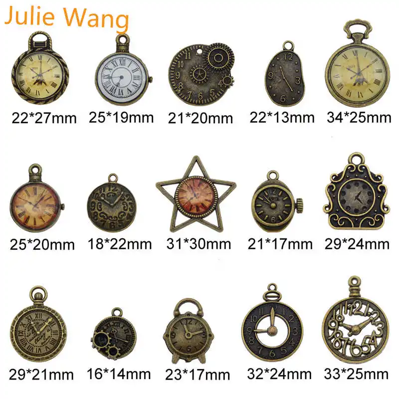 Julie Wang 10pcs Antique Bronze Alloy Random Mixing Clock Charms For Necklace Pendant Finding Jewelry Making Metal Accessory