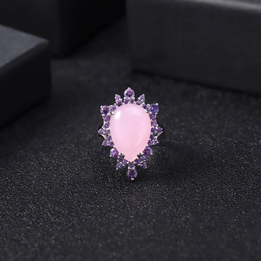 GEM\'S BALLET Natural Pink Calcedony Gemstone Ring 925 Sterling Silver Vintage Halo Cocktail  Rings for Women Fine Jewelry