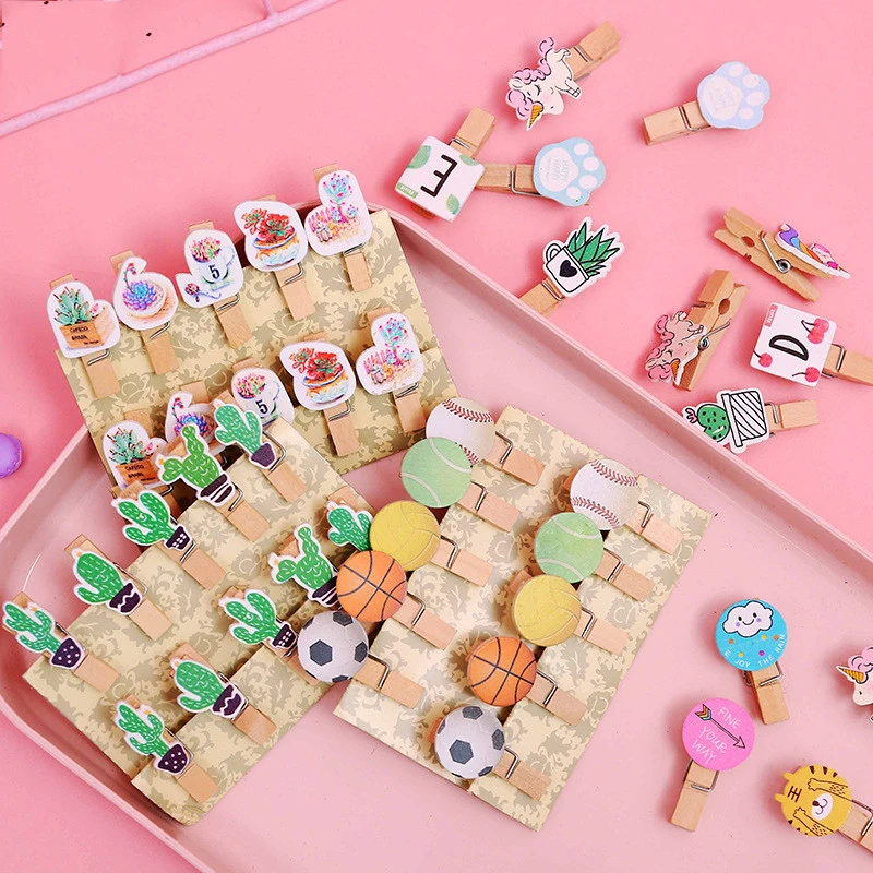 10Pcs/set Mini Cartoon Wood Clip Kawaii Cactus Unicorn Memo Paper Clips for Photo Decoration Clips Clothespin Stationery Supplie