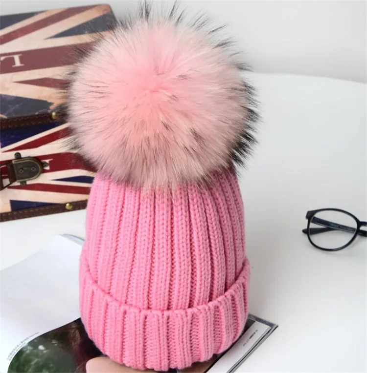 Hot Winter Big Real Fur Pompoms Knitted Beanies Caps New Thick Warm Knit Hats Gorras For Girls Women Boy and Child