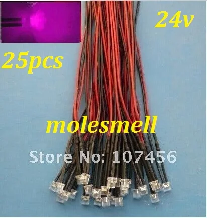 

Free shipping 25pcs 5mm Flat Top pink LED Lamp Light Set Pre-Wired 5mm 24V DC Wired 5mm 24v big/wide angle pink led