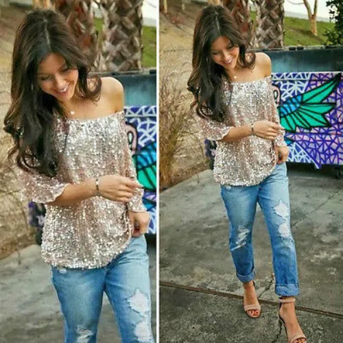 2018 New Fashion Hot Sexy Women Lady Sequined Bling Shiny Short Sleeve Casual Loose Shirt Off Shoulder T-shirt