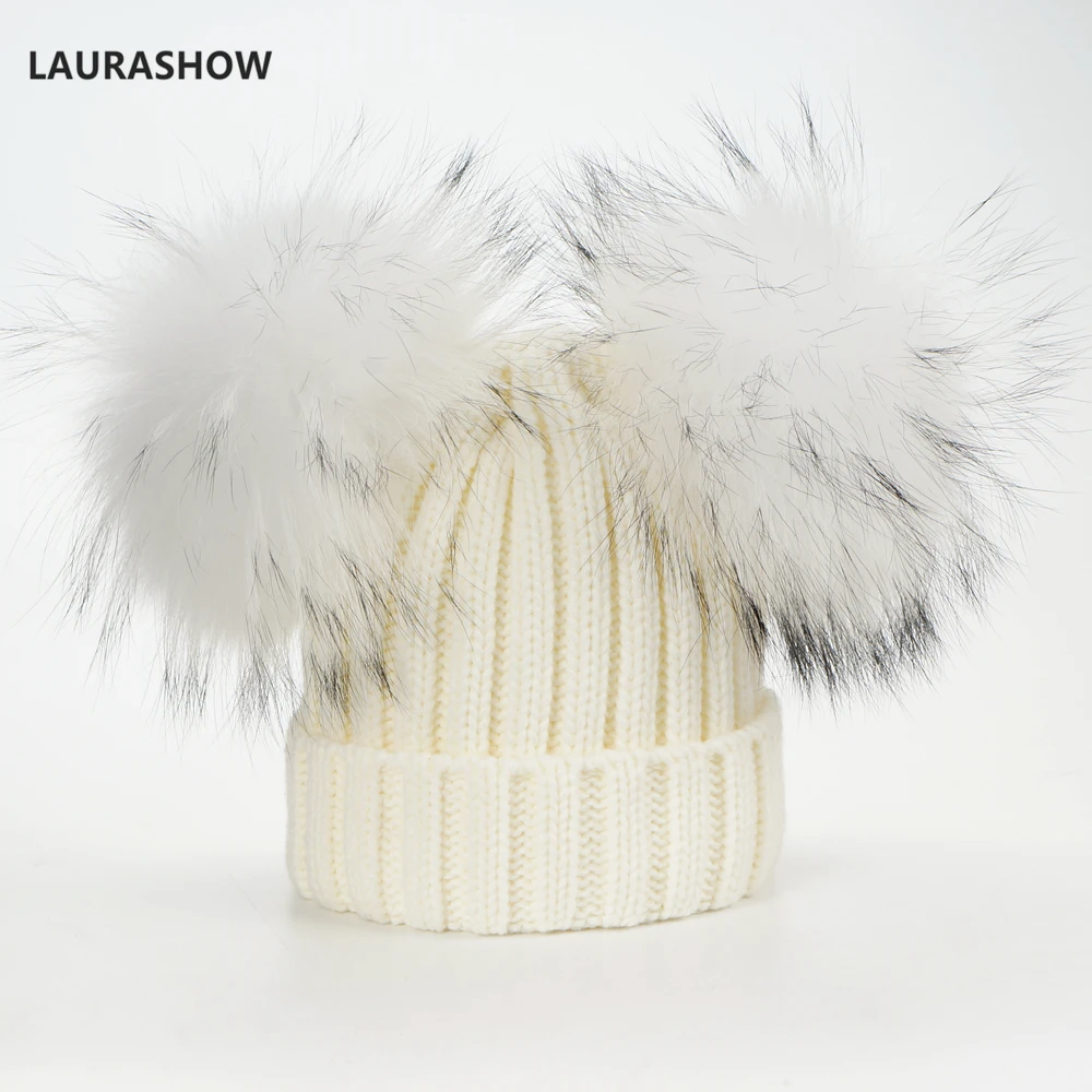 LAURASHOW Adult Winter Brand Cap 16cm Double Real Fur Ball Pom Poms Hat For Lady Hat Knitted Cap Hat Skullies Women Beanies