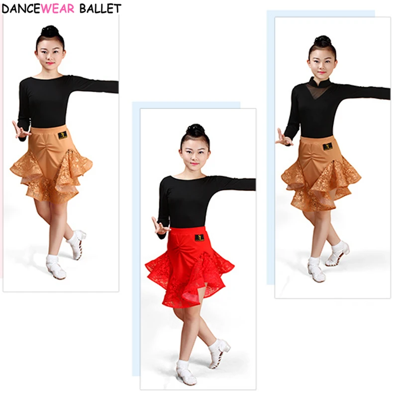 Girls Latin Ballroom Latin Dance Skirt Sumba Rumba Salsa Tango Skirts Kid Child Lace Latin Dance Split Dress With Leotard Skirt