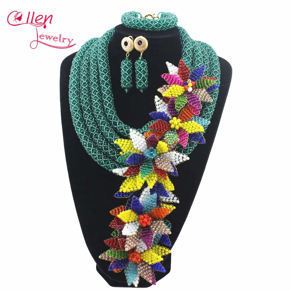 

Luxury African beads jewelry sets india flower beaded nigerian wedding beads necklace dubai jewelry set W12891