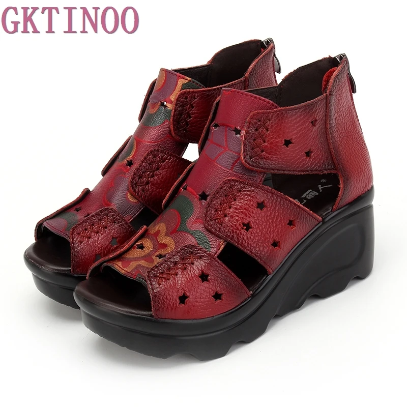 GKTINOO 2024 Ethnic Style Genuine Leather Women Shoes Sandals Wedges Sandals Handmade Genuine Leather Women Sandal