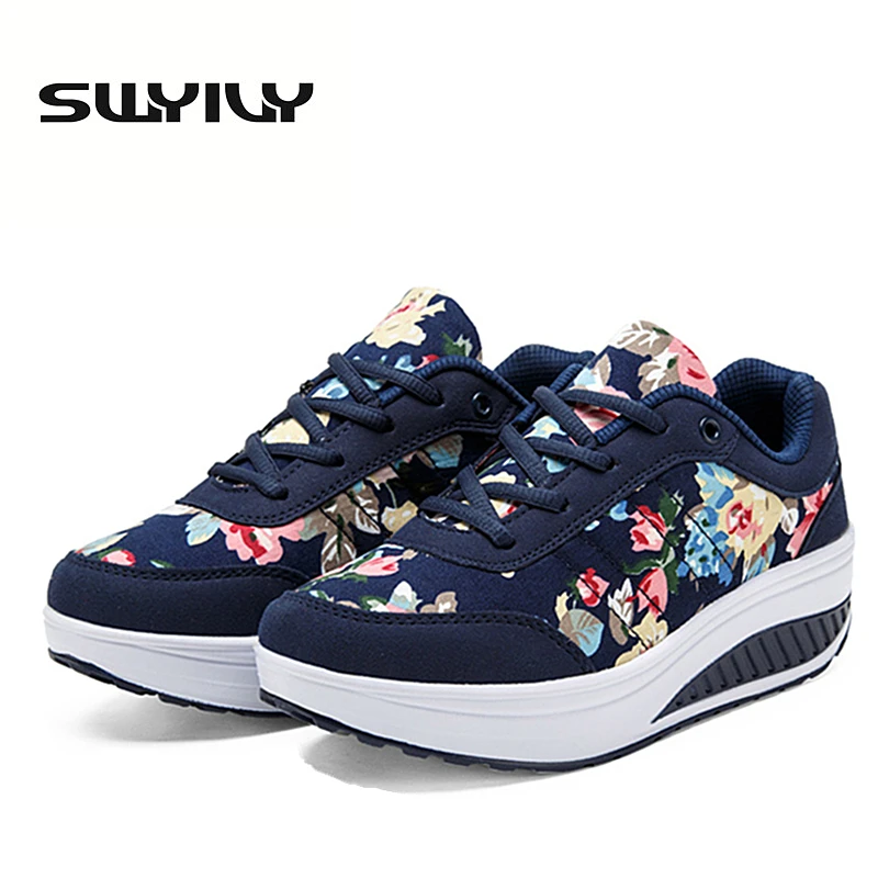 

Breathable Women Toning Shoes Flower Printed Comfortable Thick Soles Heighten Swing Shoes Platform Wedge Sneakers