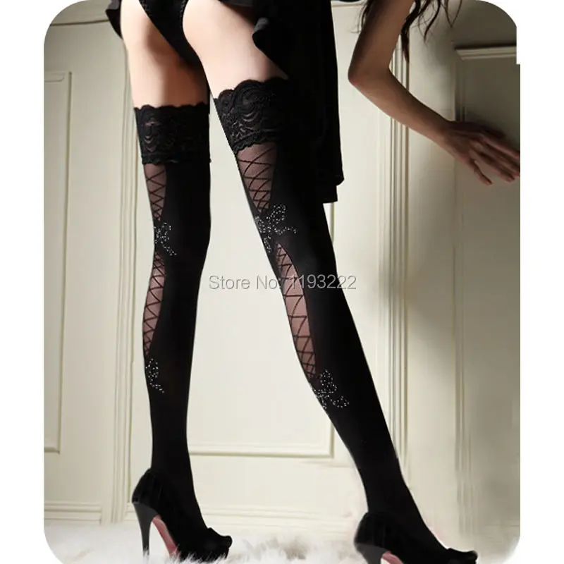 Punk Gothic Wedding Cosplay Wide Lace Silicone Hold UP Floral Top Thigh high Back Sheer Bandage Bow Long Stockings