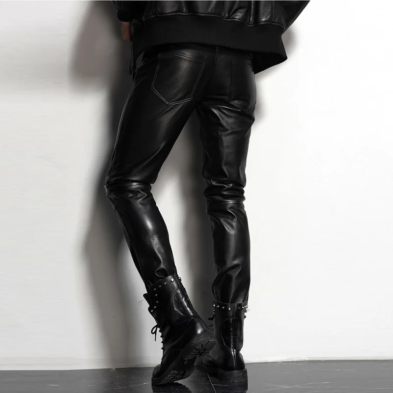 Men's Leather Pant Slim Leather Skinny Biker Pants Motorcycle  Punk Rock Pants Tight Leather Pant Simple soft TJ09