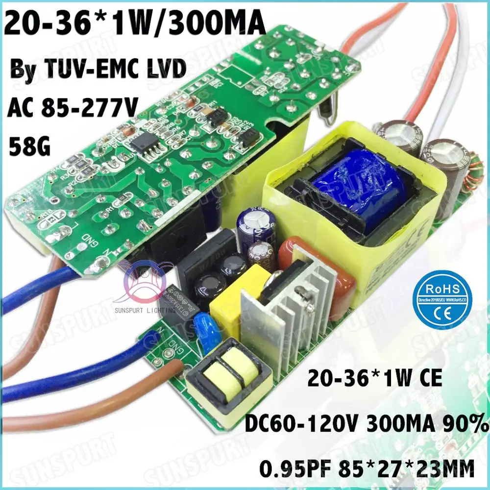 5-20Pieces TUV-CE EMC LVD PF Inside 36W AC85-277V LED Driver 1-36Cx1W 300mA DC2-120V Constant Current For LED Lamp Free Shipping