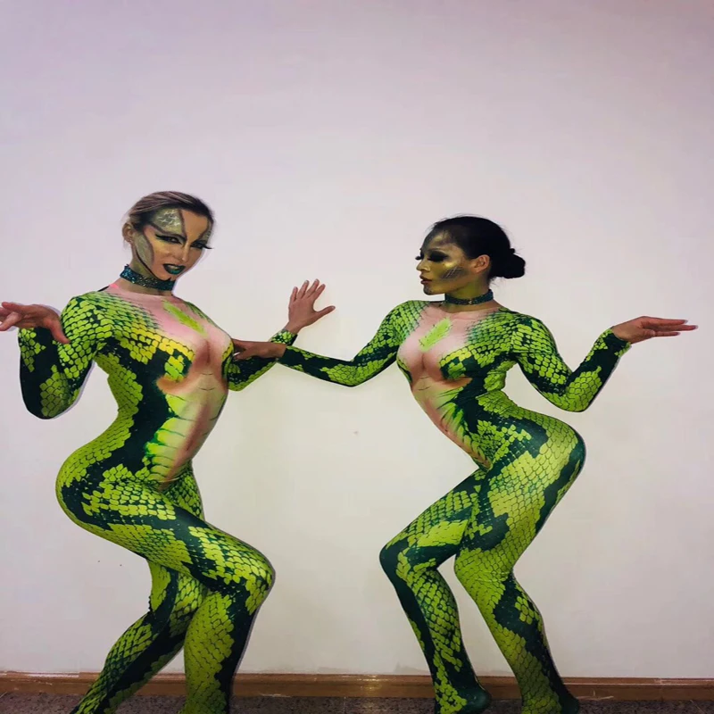 

nightclub green snake jumpsuit singer stage show Romper sexy bodysuit Costume party favors christmas gifts