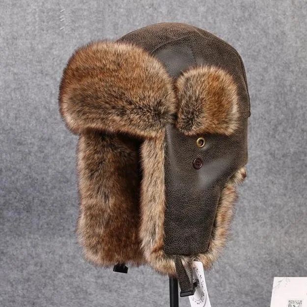 

B-8431 Russia Ushanka Bomber Hat Imitation Leather Fur Hat with Pom Ear Protect Bomber Hats Russian Ushanka Cap Ski Hat