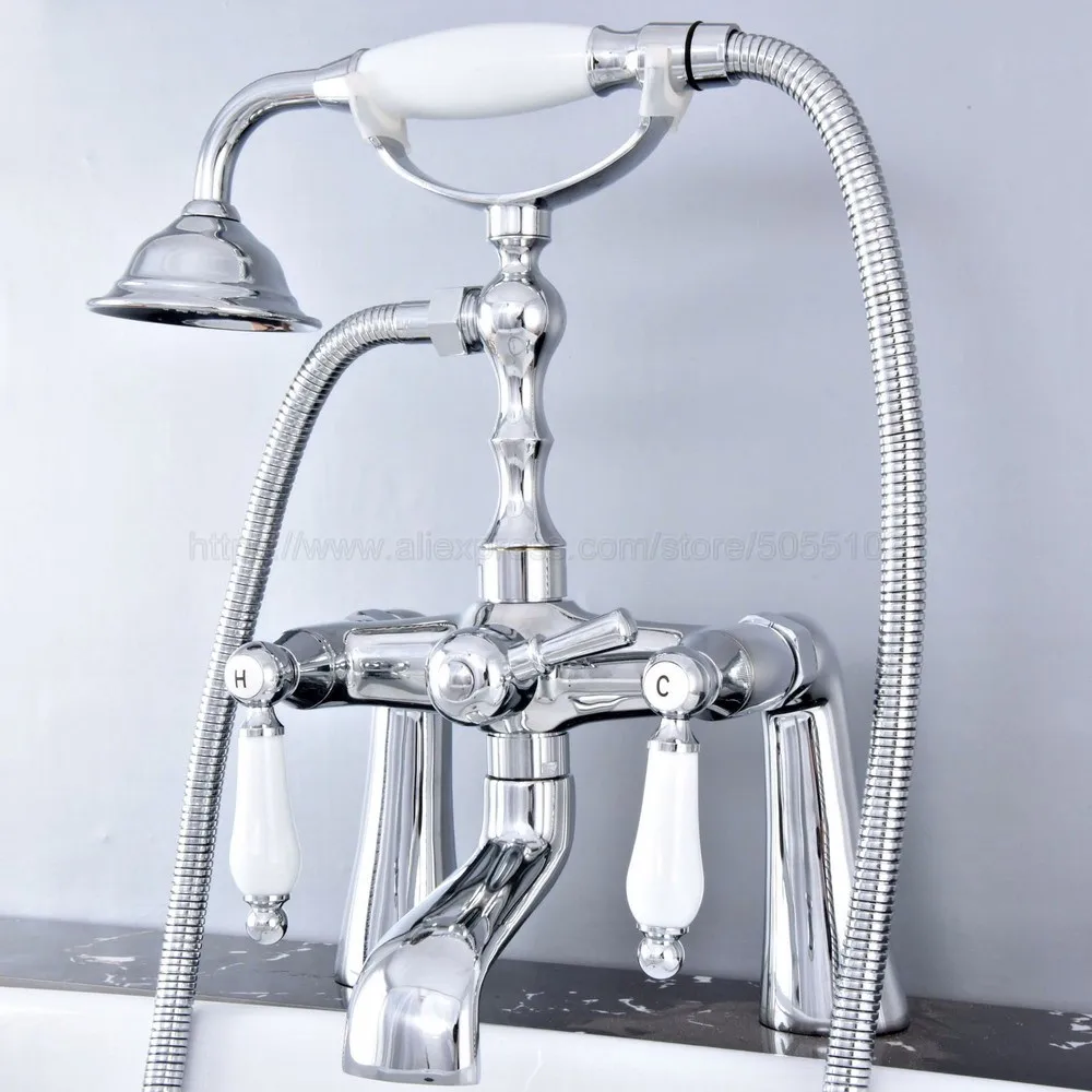 

Bathroom Polished Chrome Bathtub Faucet Deck Mount with Handheld Shower Bathroom Tub Mixer Taps ztf765