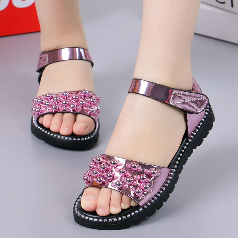 2022 Summer New Girl Rhineston Sandals Kids Child Fashion Bead Patent Leather Princess Sandals Party Shoe For Girls Big Shoe