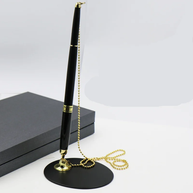 Metal Rollerball Pen with Base Fix on table Counter Liquid ink Pen with Chain Finance Banking Pen Gel ink Pen Holder