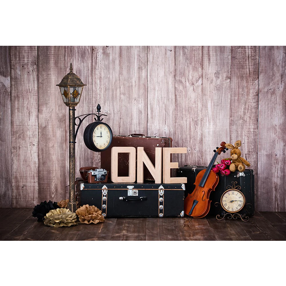 

Vintage Wood Wall Baby Cowboy Photography Backdrop Printed Paper Flowers Suitcases Clocks Guitar Kids 1st Birthday Background