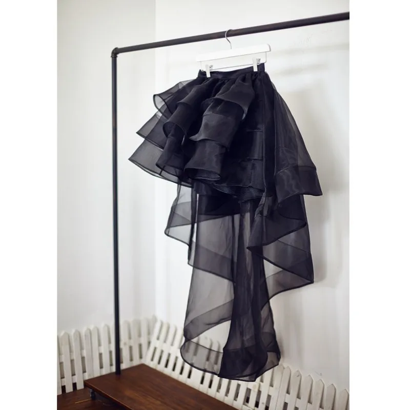 Organza 2018 High Low Black Long Skirts For Women Ruffles Ruched Tulle Skirt Zipper Custom Made Special Designed Skirt