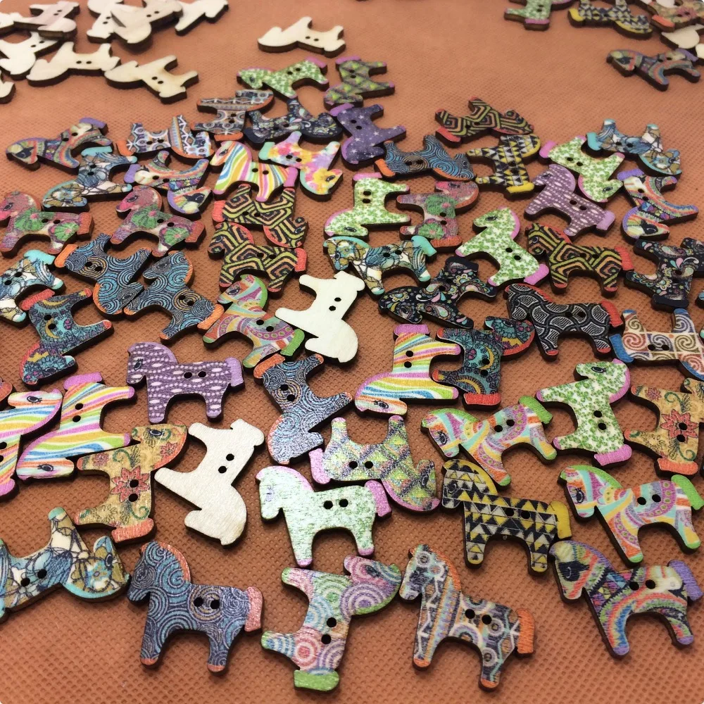 Sale!!! 2015 new 100pcs/sets 2 Holes Mixed Color horse Wooden Buttons Fit Sewing Craft Scrapbooking 25X28mm accessories