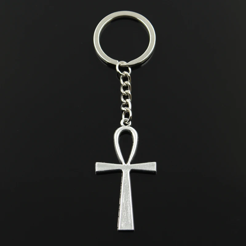 Fashion 30mm Key Ring Metal Key Chain Keychain Jewelry Antique Bronze Silver Color Cross Egyptian Ankh Life 52x28mm Pendant