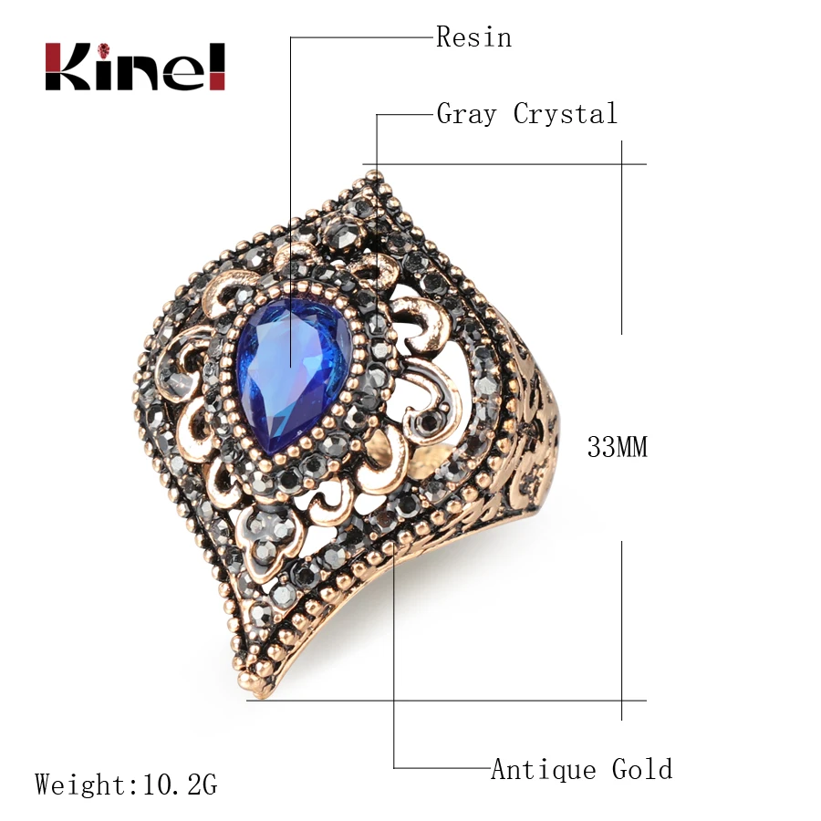 Kinel Fashion Indian Blue Crystal Ring For Women Ancient Gold Color Bohemia Rings Vintage Jewelry Wholesal 2018 New