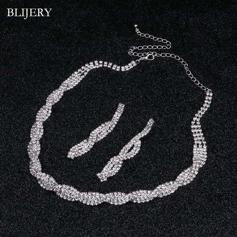 BLIJERY Sparkling Silver Color Rhinestone Crystal Bridal Wedding Jewelry Sets Twisty Choker Necklace Earrings Bracelet for Women