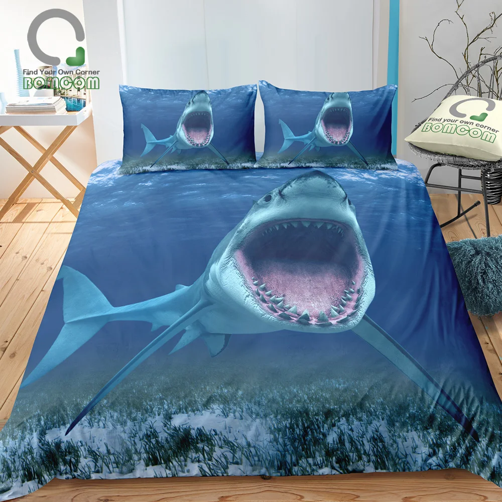 BOMCOM 3D Digital Printing Shark bedding set White Shark Swims with an Open Mouth Megalodon duvet cover  100% Microfiber Blue