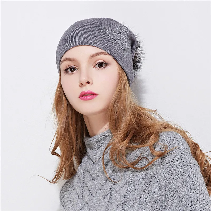 Xthree new Rhinestone embroidery Winter Wool Knitted Hat for Women Beanie Skullie Warm Cap Real Fur Pom Gorro Female Cap