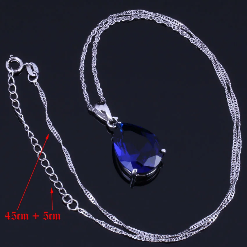 Pleasant Water Drop Blue Cubic Zirconia Silver Plated Jewelry Sets Earrings Pendant Chain Ring V0960