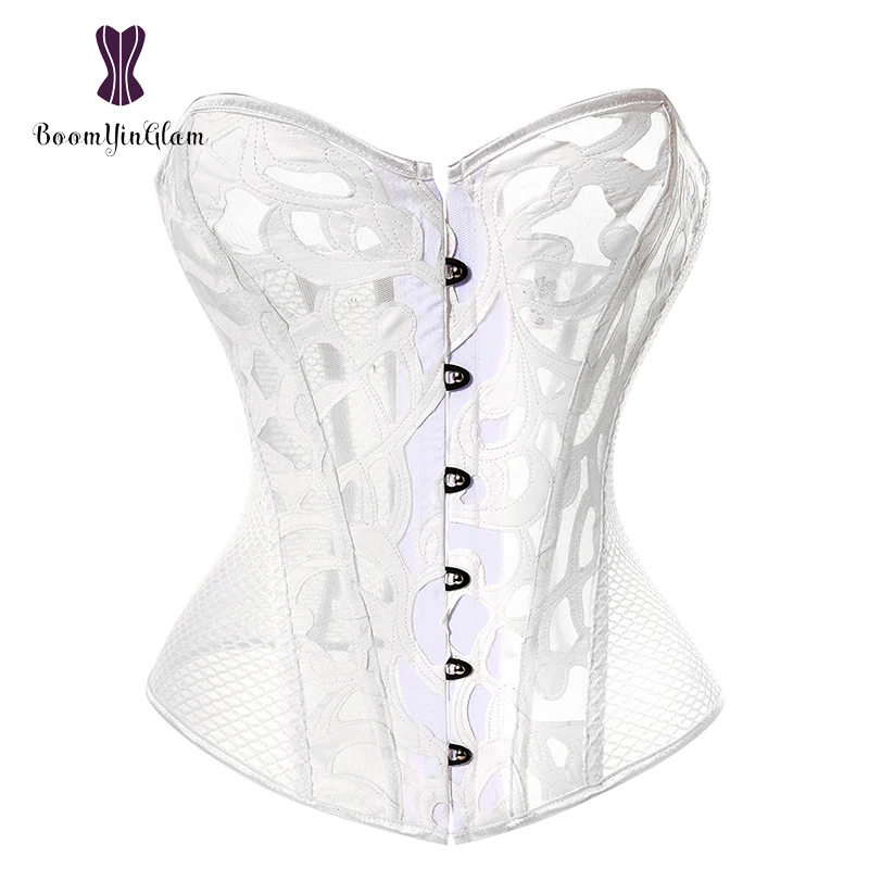 Wholesale White Hollow Out Sexy Corset Transparent Corselet Mesh Net Korsett With G String Plus Size S-XXXL 930#