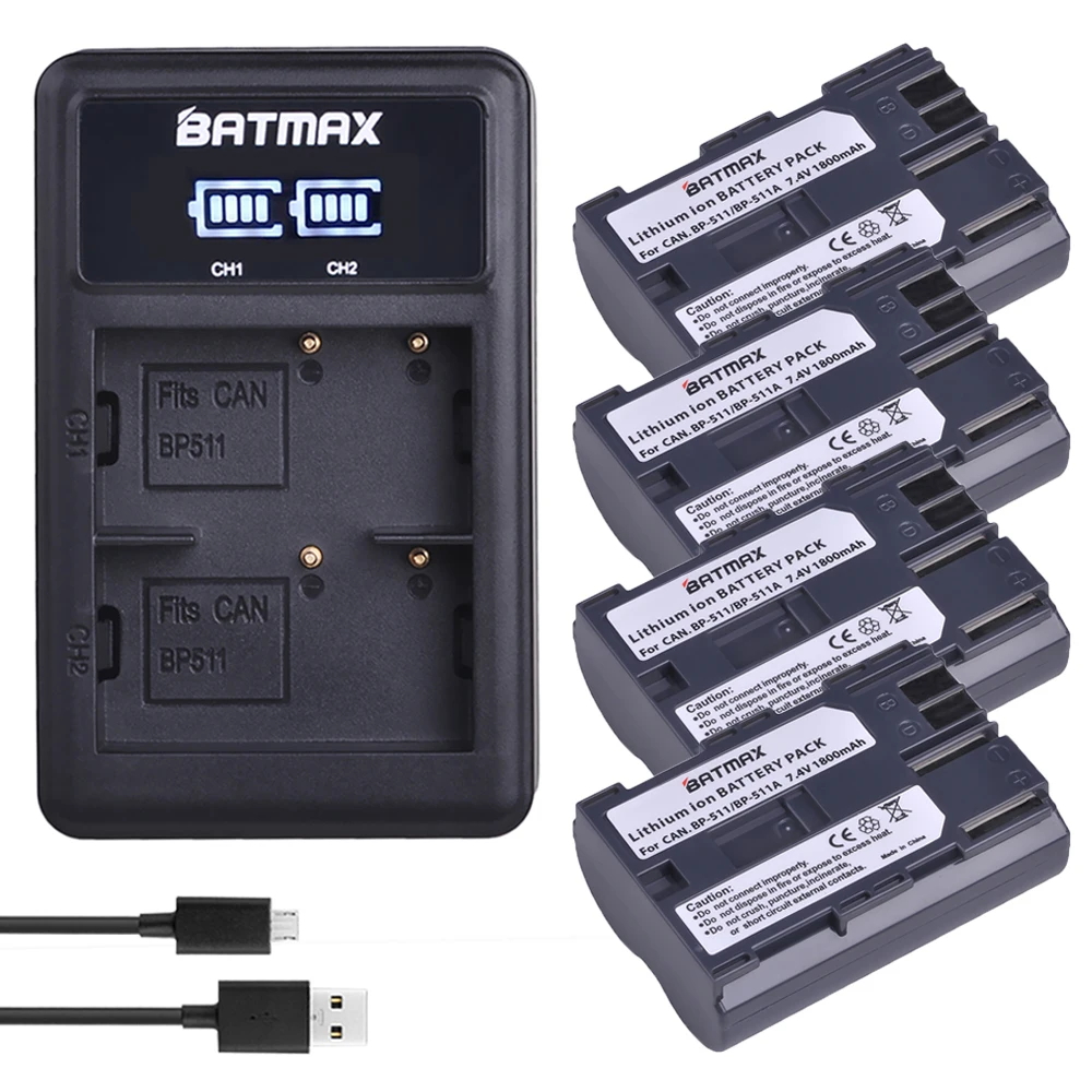 4Pcs BP 511 511A BP-511 BP-511A Battery Bateria + LED Dual Charger for Canon G6 G5 G3 G2 G1 EOS 300D 50D 40D 30D 20D 5D MV300i