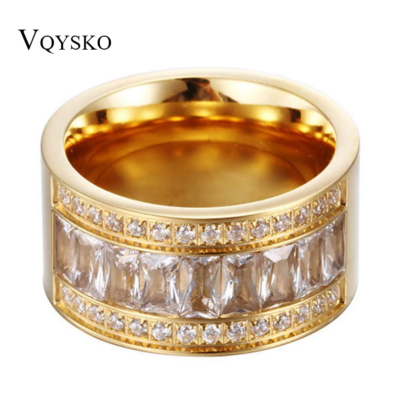 12mm szeroki nowy pierścionek w złotym kolorze ze stali nierdzewnej Bagues Femme piękny Rhinestone tanie Party pierścionek zaręczynowy akcesoria prezent