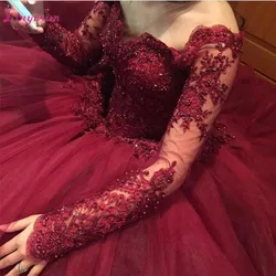 Luxury Ball Gown Quinceanera Dresses Burgundy Off Shoulder Long SleevesLace Appliques Beaded Tulle Puffy Plus Size Prom Gonw