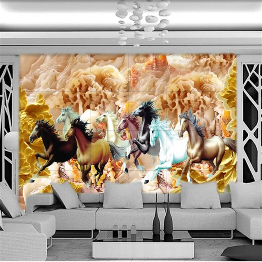 Custom wallpaper 3D solid mural high-grade wood carving Peony eight horse figure living room papier peint background wall paper