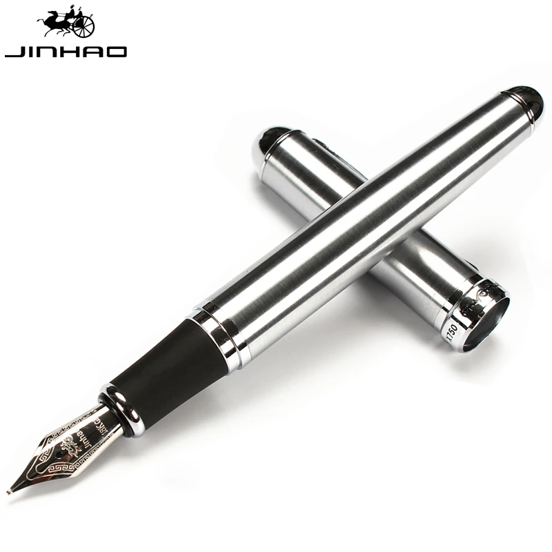 Jinhao X750 pluma estilográfica de acero inoxidable plateado, punta mediana de 18KGP