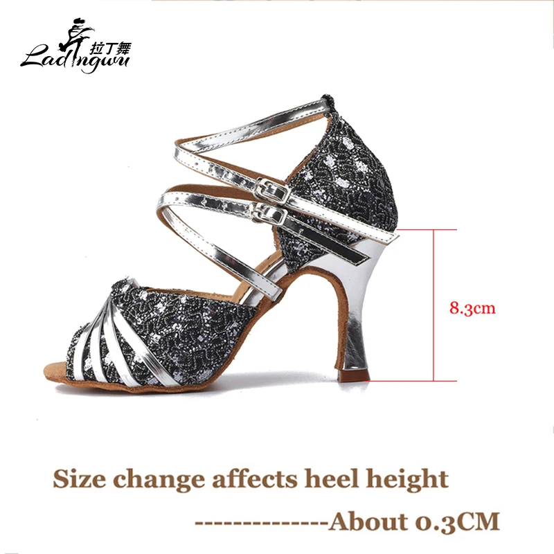 Ladingwu Lace Flash and Silver PU Women\'s High Heels Shoes Ballroom Party Tango Salsa Latin Dance Shoes Heel 6/7.5/8.3cm