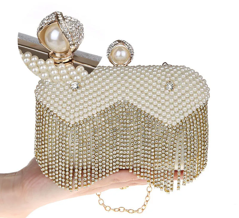 JaneVini Luxury Rhinestones Tassel Handbags Women Bags Designer Pearl Wedding Clutch Bag With Chain Party Bridal Ladies Handbags