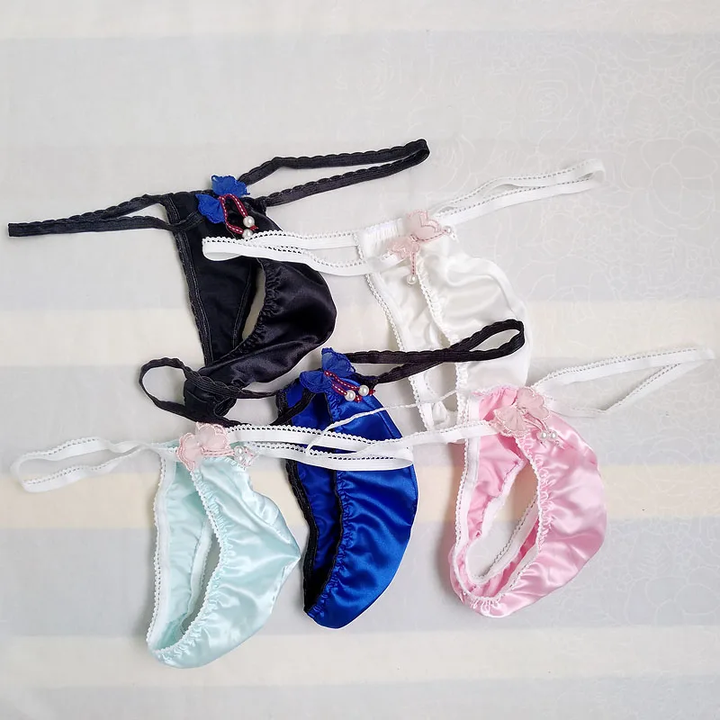 Sexy Mens Shiny Soft Satin Lingerie Underwear with Bowknot Smooth Touch Bikini Thongs G String High Cut Sissy Panties Underwear