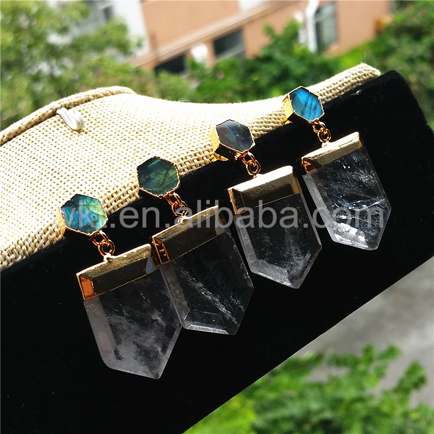 WT-E267Unique design  Hexagon labradorite and quartz point dangling earring,raw quartz point stone earring jewelry supplies