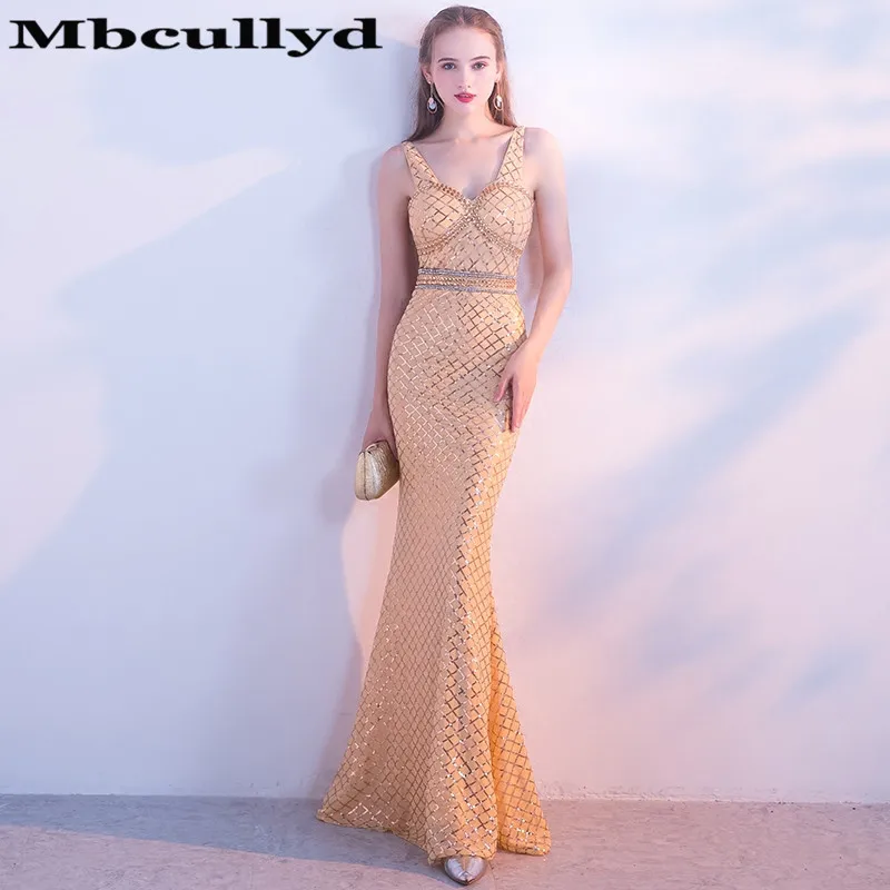 

Elegant Shining Gold Sequined Mermaid Prom Dresses 2023 Long Floor Lenght Formal Evening Party Gala Dress Cheap Robe de soiree