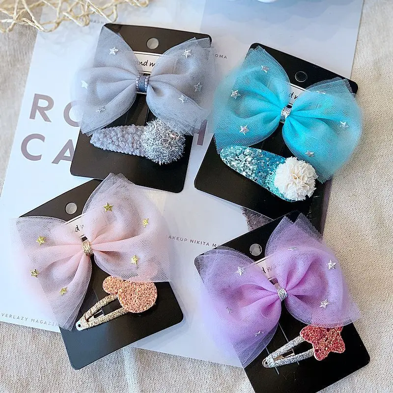 Boutique ins 20Sets Fashion Cute Glitter Star Gauze Bow Snap Clips Solid Pom Pom Barrettes Princess Headwear Hair Accessories