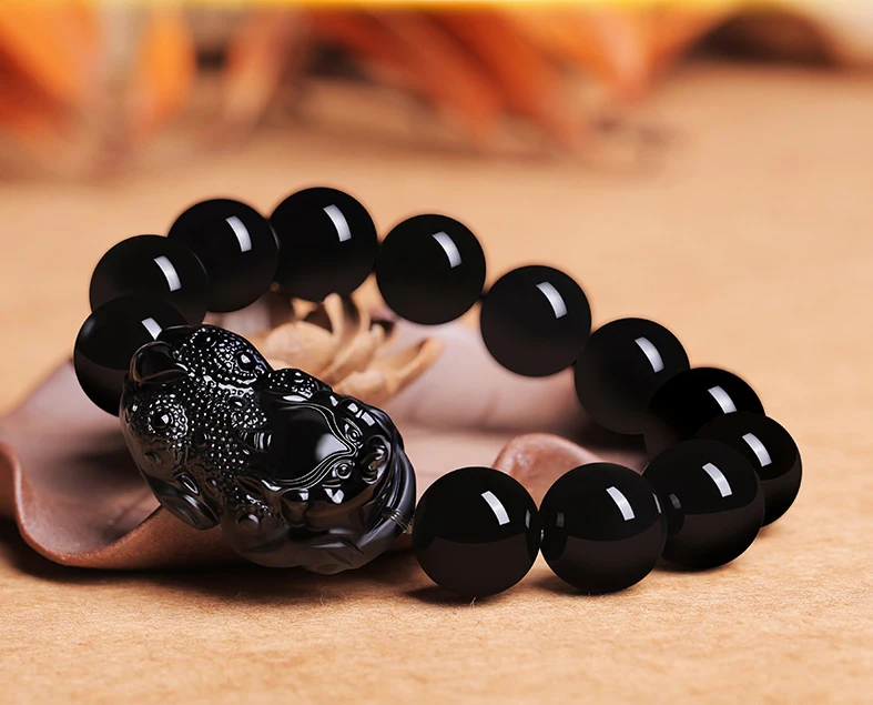 Men Pure Black Obsidian Bracelets Healing Crystals Feng Shui Black Tourmaline lemurian quartz crystals 16mm * 12 with a pixiu