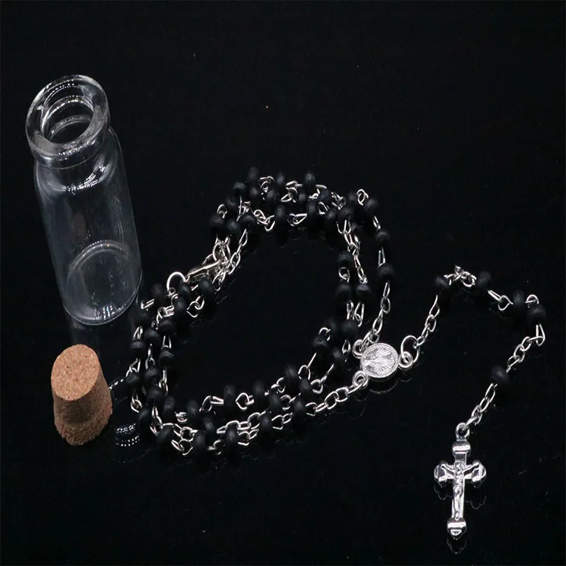 4mm Wishing Rosary Bottle Scented Wood Bead Necklace with Jesus Cross Pendant Charm for Religious Catholic Jewelry Gifts