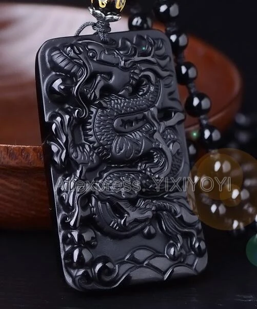 Drop Shipping Beautiful Handwork Natural Black Obsidian Carved Chinese Dragon Amulet Lucky Pendant + Beads Necklace Jewelry