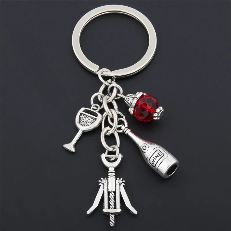 1pc Red Wine Glass Charm Keychain Cheers Jewelry GIfts For Wine Lover Wine Bottle Opener Charm Red Beads Keyring E1674