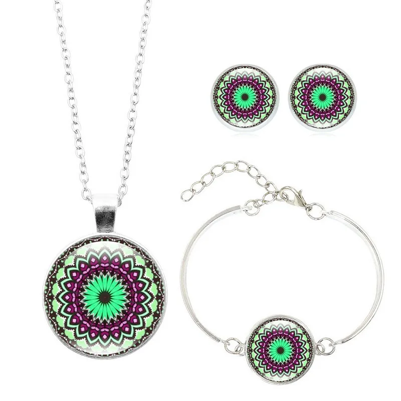 Mandala Flower Jewelry Sets Pendant Necklace Bracelet Earrings Sets Glass Cabochon Religious Buddhism Jewelry