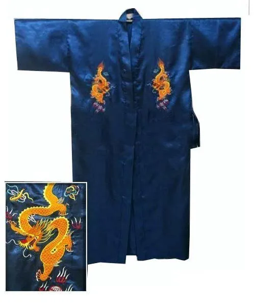 Hot Sale Black Chinese Men\'s Satin Silk Embroidery Robe Kimono Bath Gown Dragon Size S M L XL XXL XXXL Free Shipping S0103-A