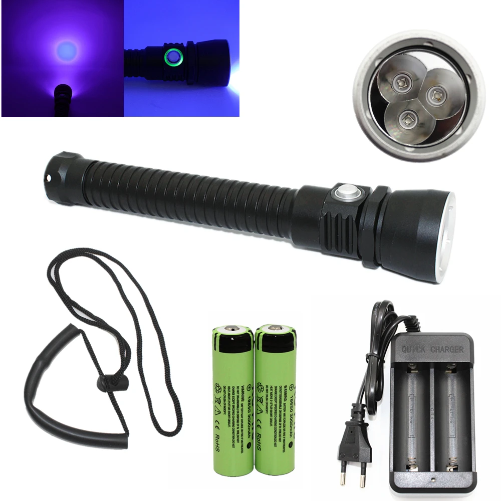 Lampe de poche à ultraviolets 3x, torche UV sous-marine + batterie 18650 + chargeur pour trouver des scorpions, détection d'argent liquide