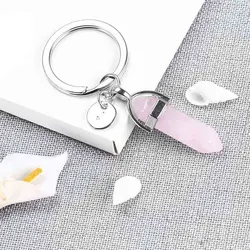 Hexagonal Column Natural Stone Keychain For Women Opal Rose Quartz Key Chain With Letter Trinket Girls Wedding Party Lover Gift