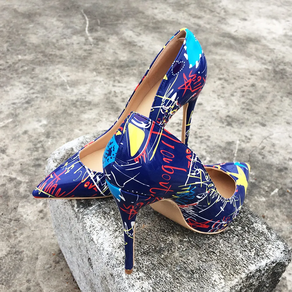 Veowalk Artistic Graffiti Colorful Women Pumps Sexy Stiletto high heels Spring Wedding Party Woman Shoes sapato feminino Blue