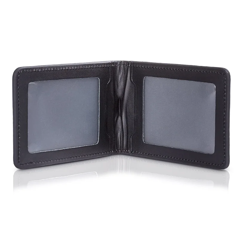 Card & ID Holder No Logo Double Layer Genuine Leather Badge Case Black Two Decks for Pilot Aviator Airmen Flight Crew